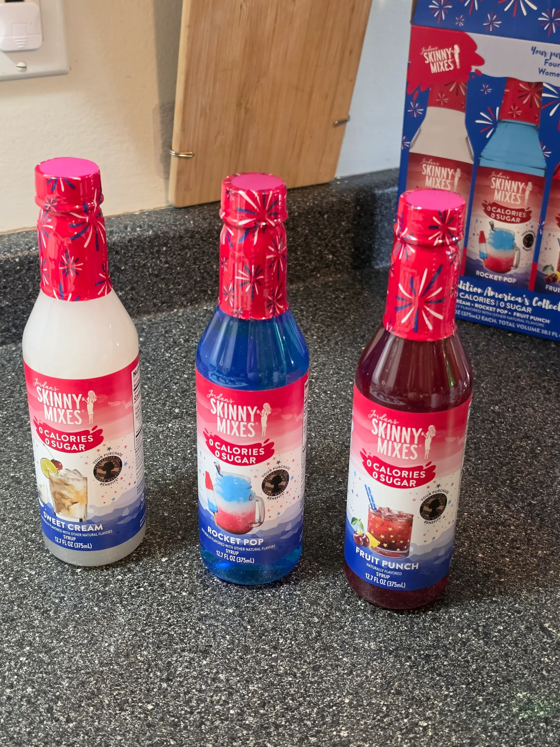 Jordan's Skinny Mixes America's Collection Sweet Cream, Rocket Pop, and Fruit Punch.