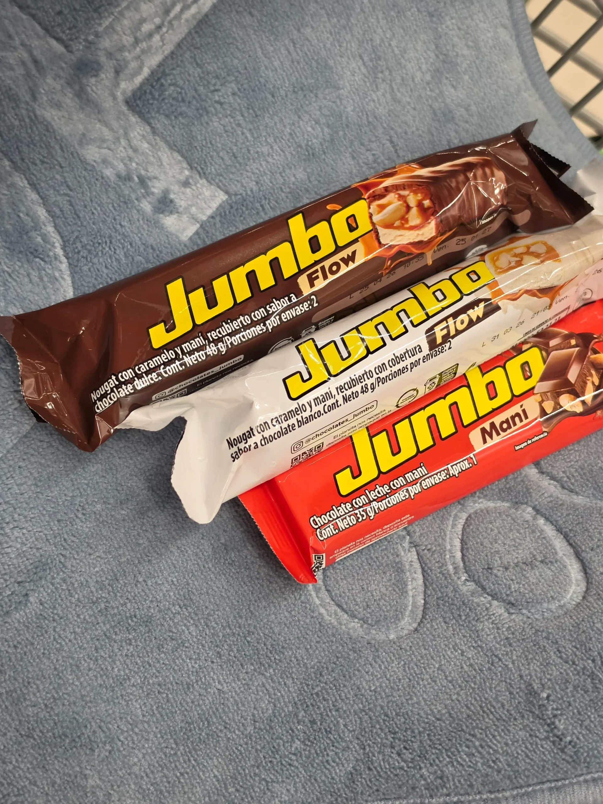 Jumbo Mani, Flow White Chocolate, and Flow Chocolate.