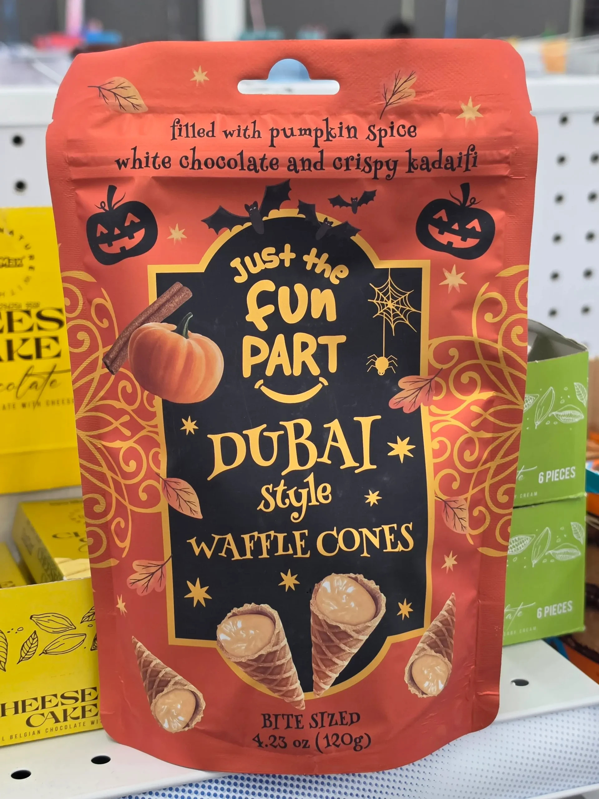 Just The Fun Part Pumpkin Spice White Chocolate Dubai Style Waffle Cones.