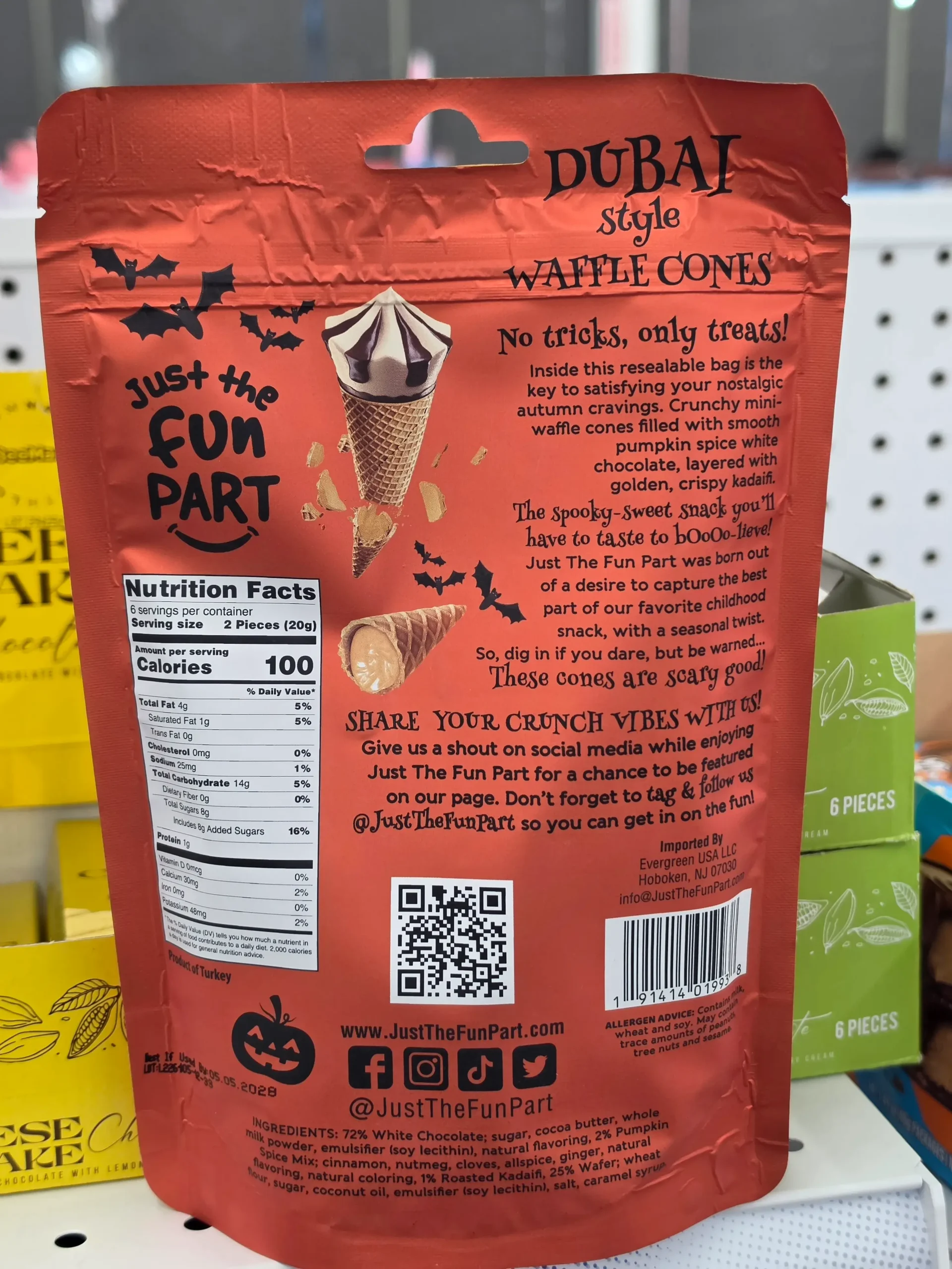 Just The Fun Part Pumpkin Spice White Chocolate Dubai Style Waffle Cones.