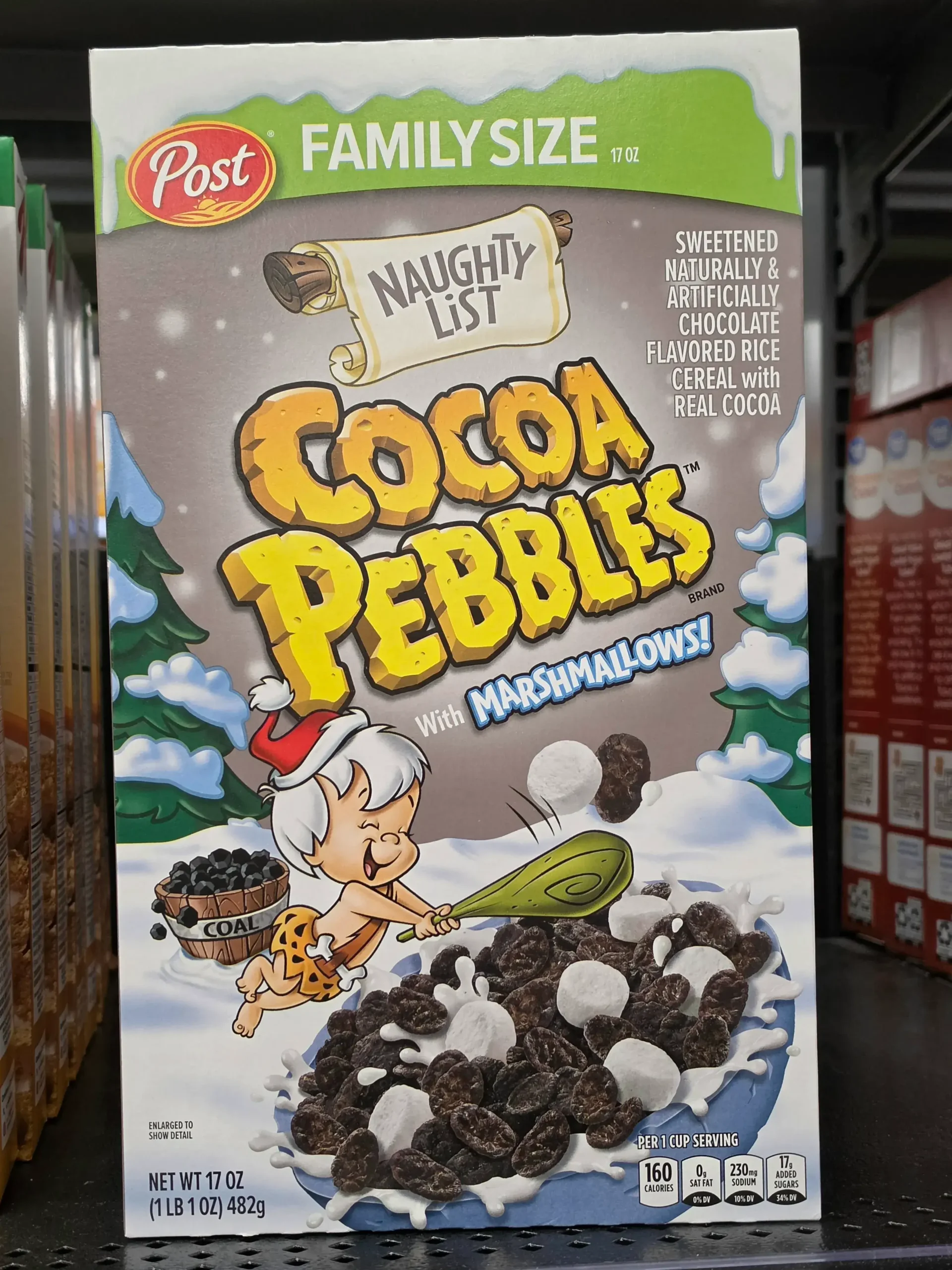 Naughty List Cocoa Pebbles with Marshmallows.